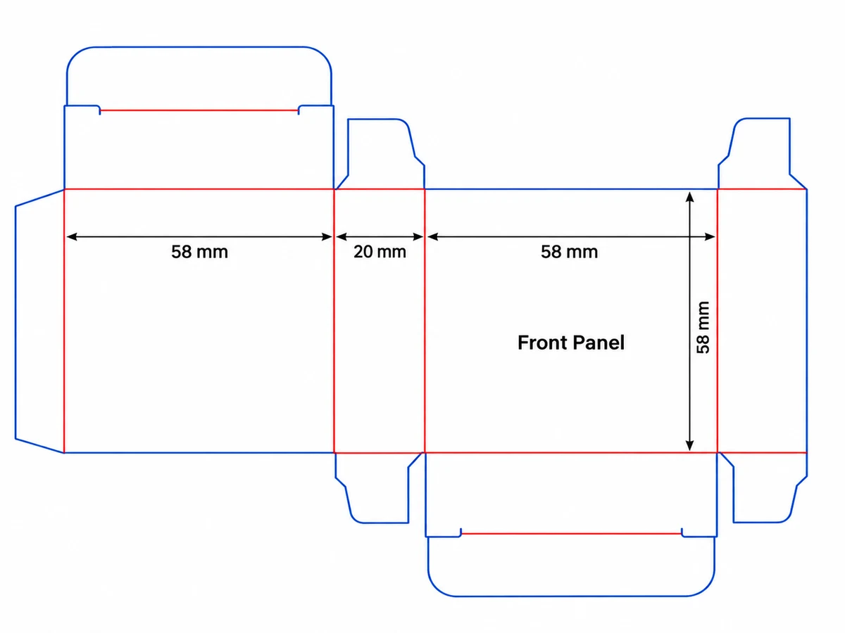 3 mL two-vial carton reference with a 58 by 58 mm main face and a 20 mm side panel