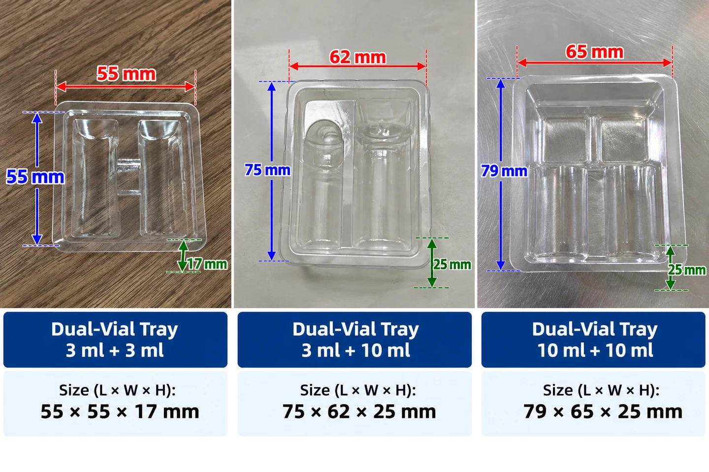 Three two-vial tray options: 3 plus 3 mL, 3 plus 10 mL, and 10 plus 10 mL, with tray dimensions