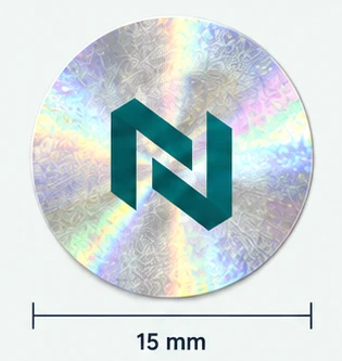 Round holographic carton seal design reference with a 15 mm diameter annotation