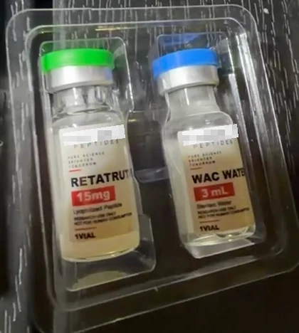Real 3 mL vial label close-up selected from a customer video, with brand names mosaicked