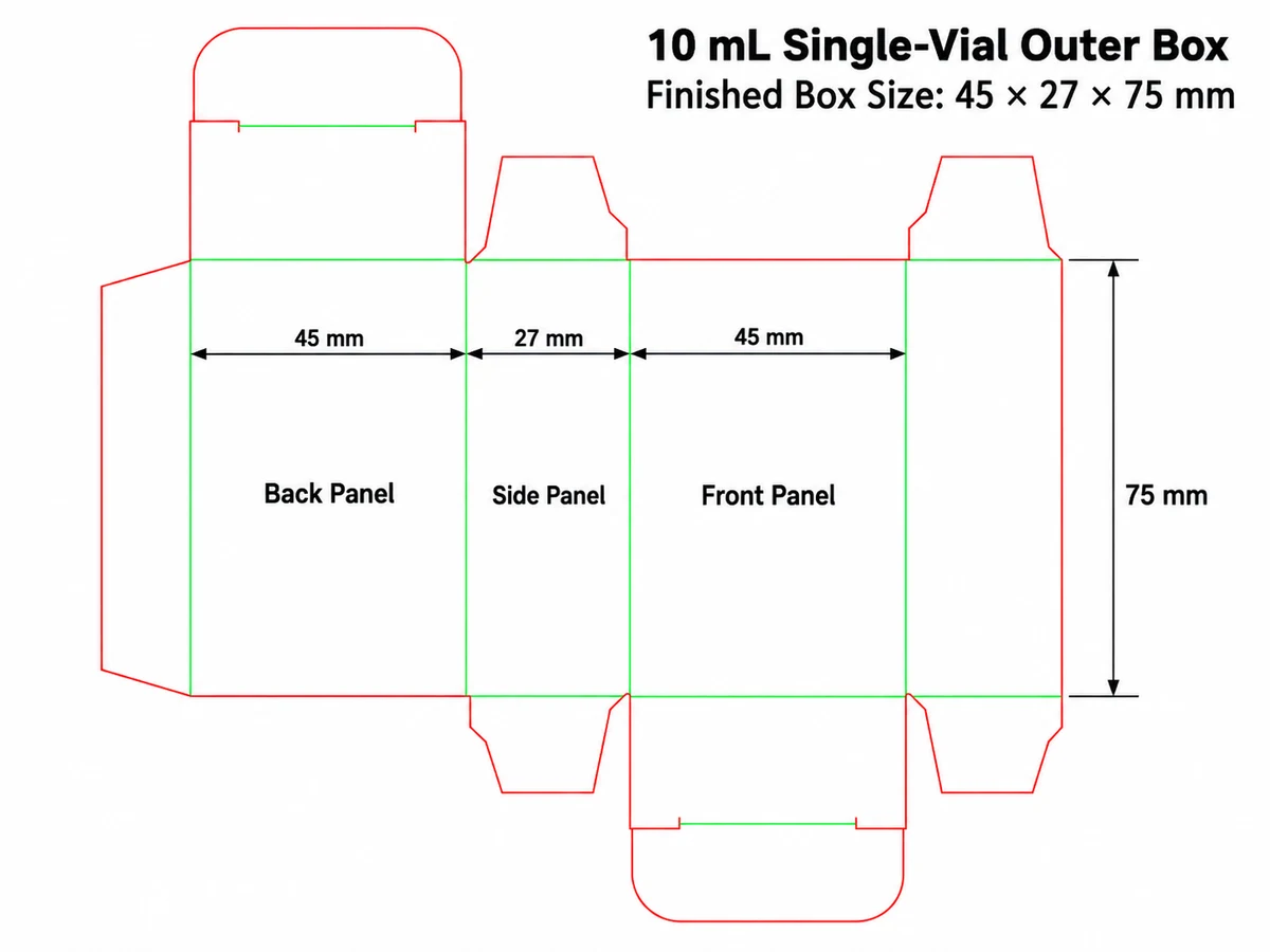 10 mL single-vial carton layout: 45 mm front width, 27 mm side depth and 75 mm finished height
