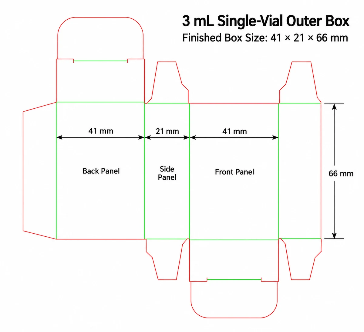 3 mL single-vial carton layout: 41 mm front width, 21 mm side depth and 66 mm finished height