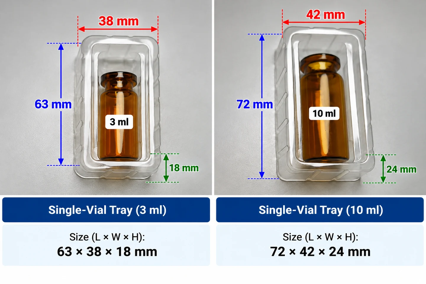 3 mL and 10 mL single-vial trays with their separate length, width and height measurements