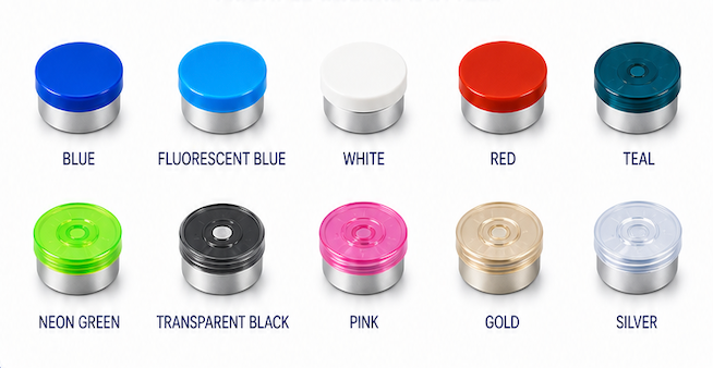 Ten vial cap color options for custom peptide packaging
