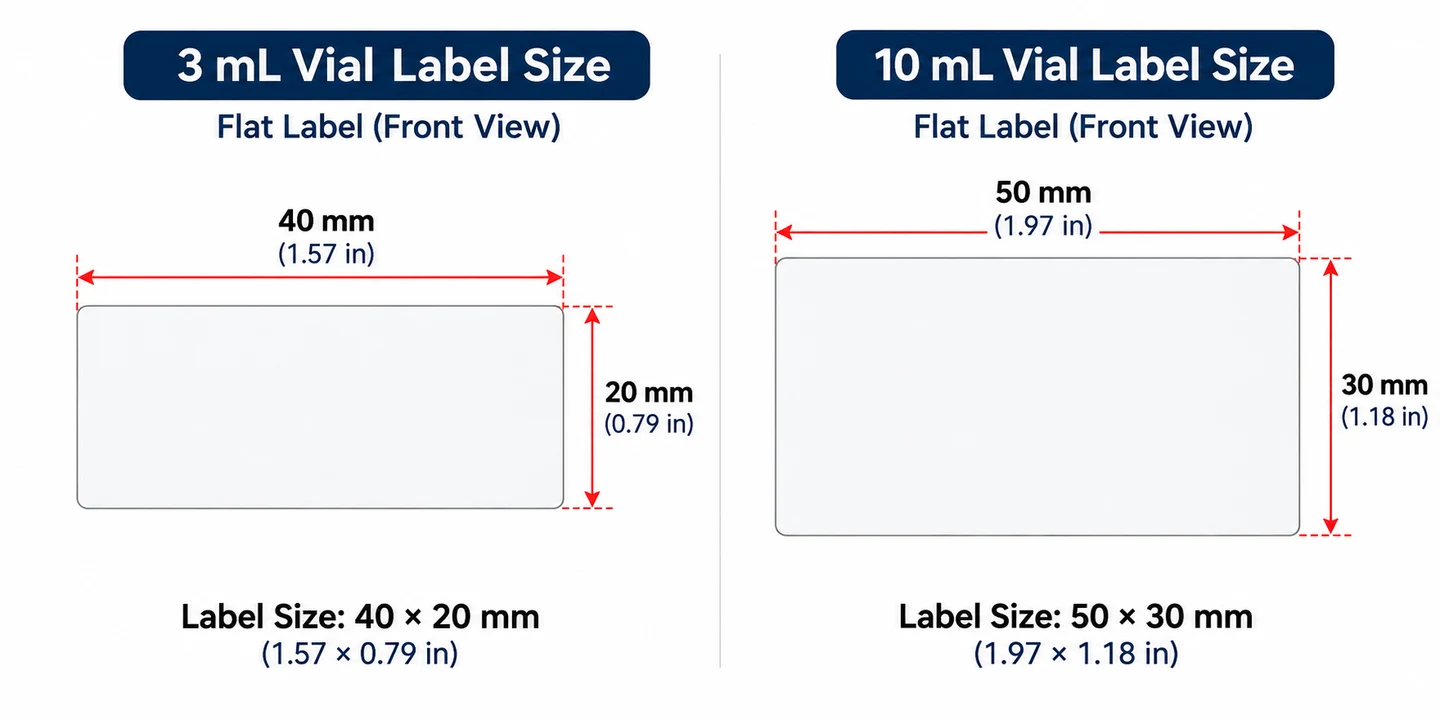Flat vial label sizes: 40 by 20 mm for the 3 mL format and 50 by 30 mm for the 10 mL format