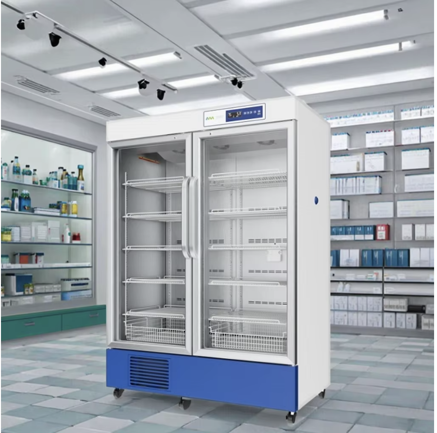 Large double glass-door pharmacy and laboratory refrigerator with multiple inventory shelves