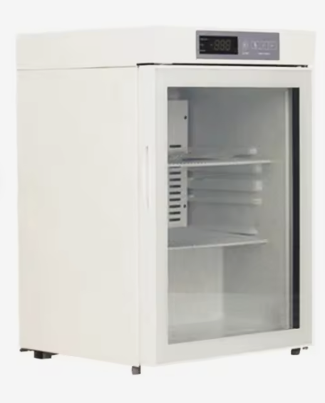 Compact glass-door pharmacy refrigerator with shelves for small reseller inventories