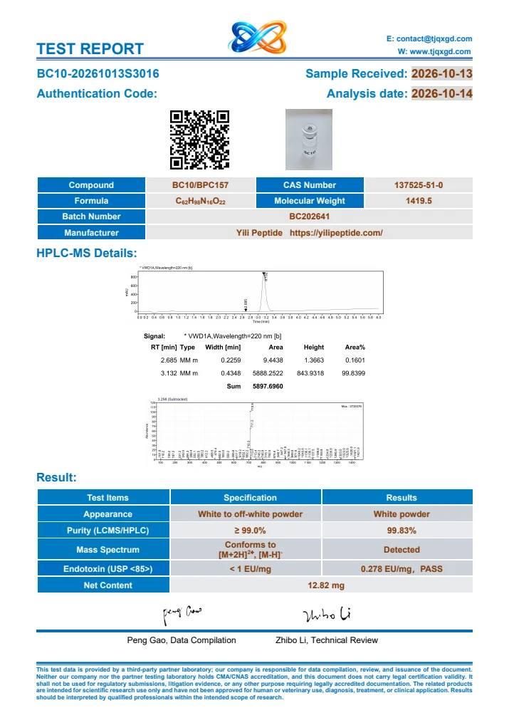 BPC-157 original report BC10-20261013S3016, first page