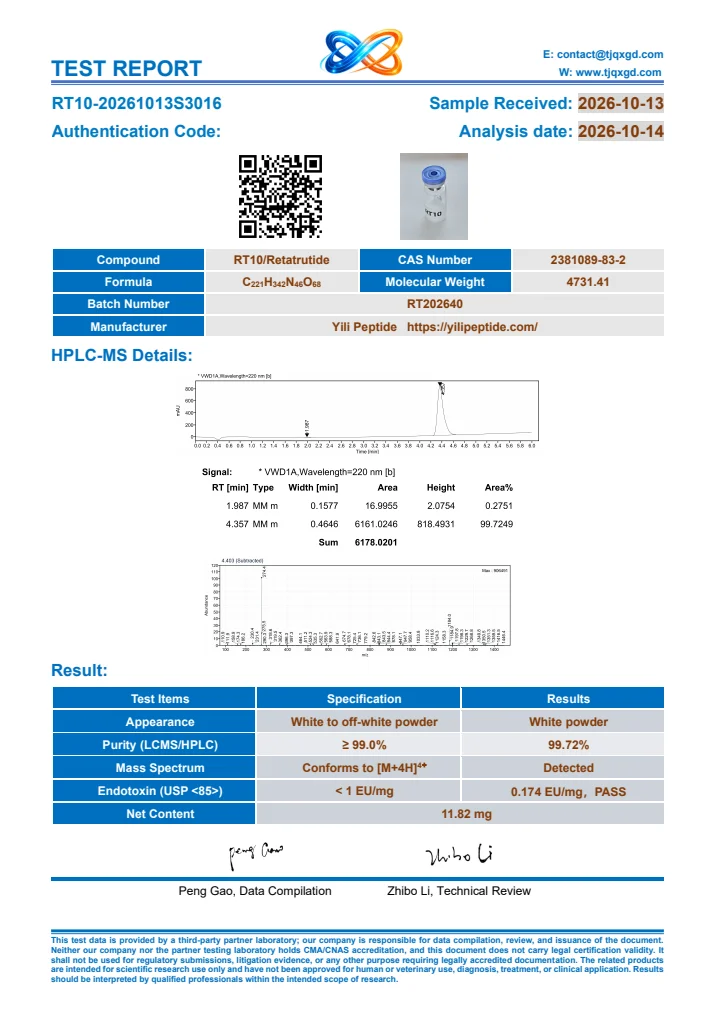 Retatrutide original report RT10-20261013S3016, first page
