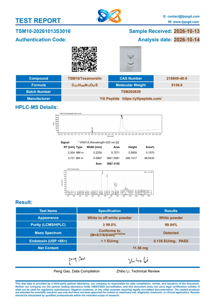 Tesamorelin original report TSM10-20261013S3016, first page