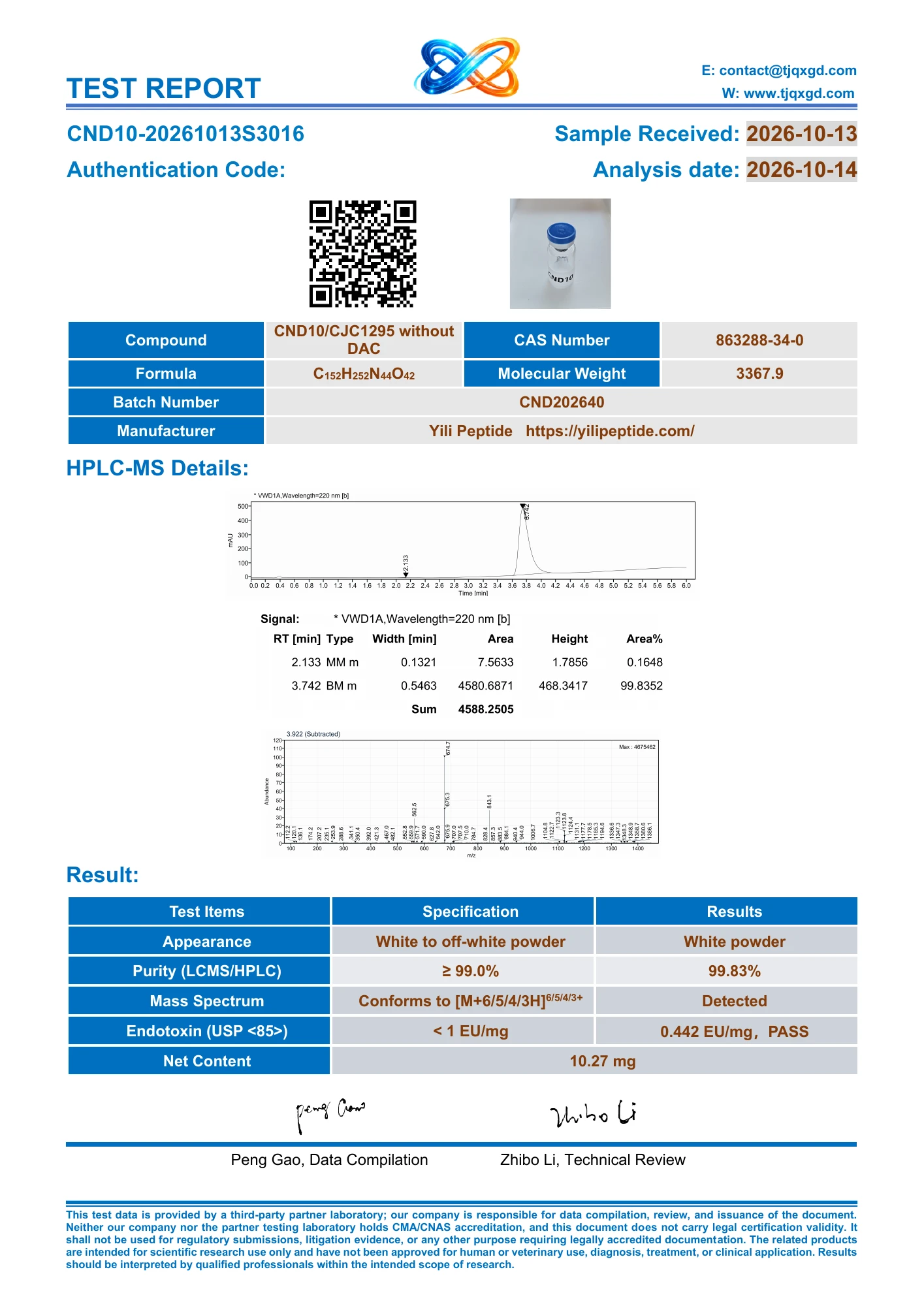 CJC-1295 (without DAC) original COA CND10-20261013S3016, PDF page 1 of 4