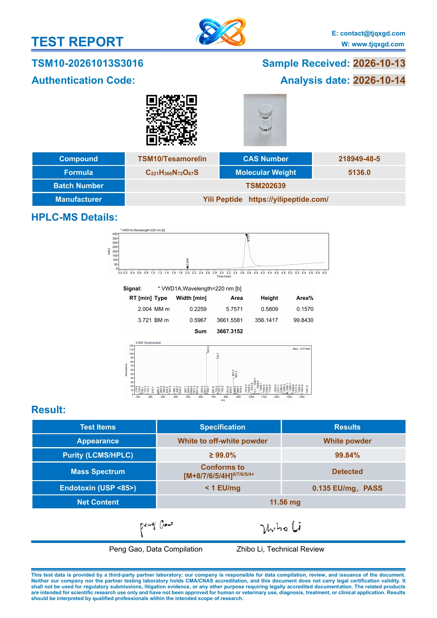 Tesamorelin original COA TSM10-20261013S3016, PDF page 1 of 4